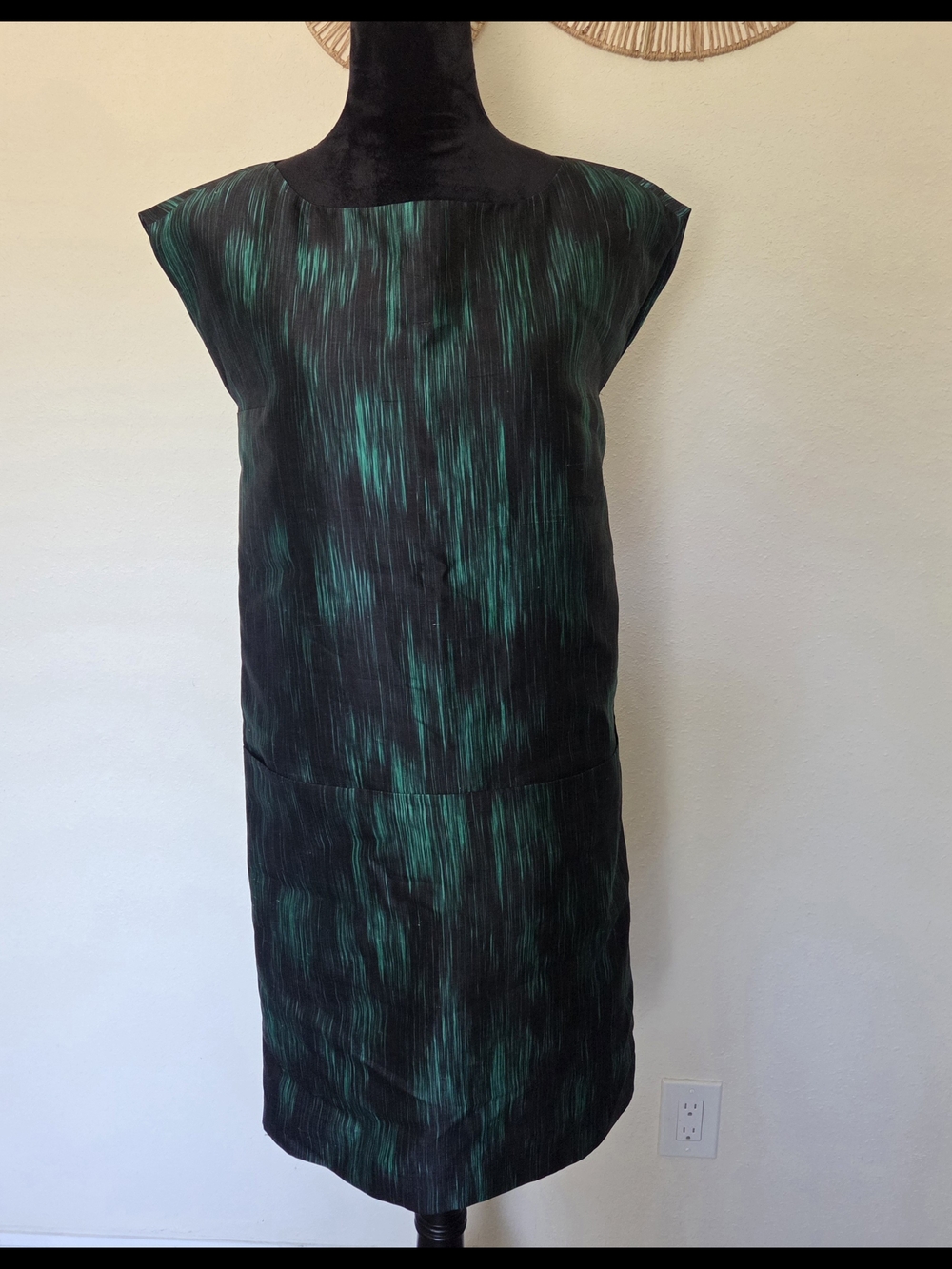 Michael Kors Emerald Multi Resort Midi Dress Front Pockets Cap Sleeves Sz 2